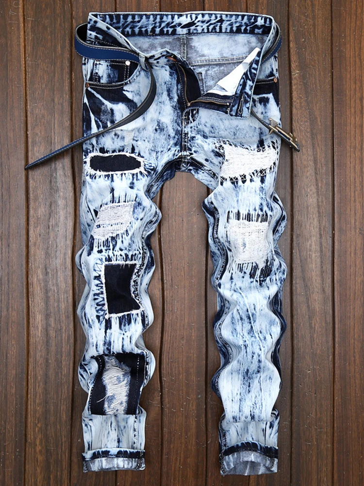 

Уличные мужские рваные джинсовые брюки-карандаш с высокой талией и карманами на молнии, мужские джинсы, осень 2021, мужские уличные брюки в стиле хип-поп