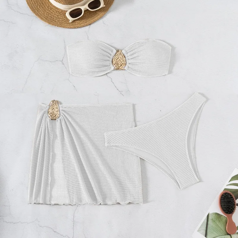 Summer Elegant Skirt Bandeau Bikini Female Swimsuit Women Swimwear Three-pieces Bikini Set Padded Bather Bathing Suit Swim 2025