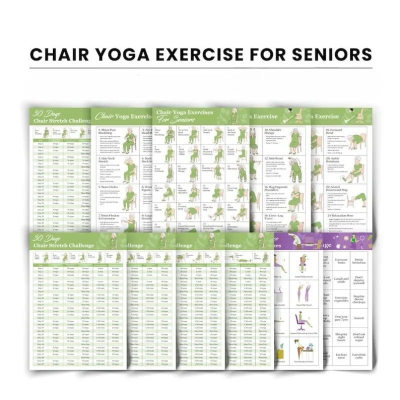 11pcs 30 Day Chair Yoga Program Guide - Home Exercise Guide Posters, with Graphic and Textual Instructions for Exercise, Suitabl