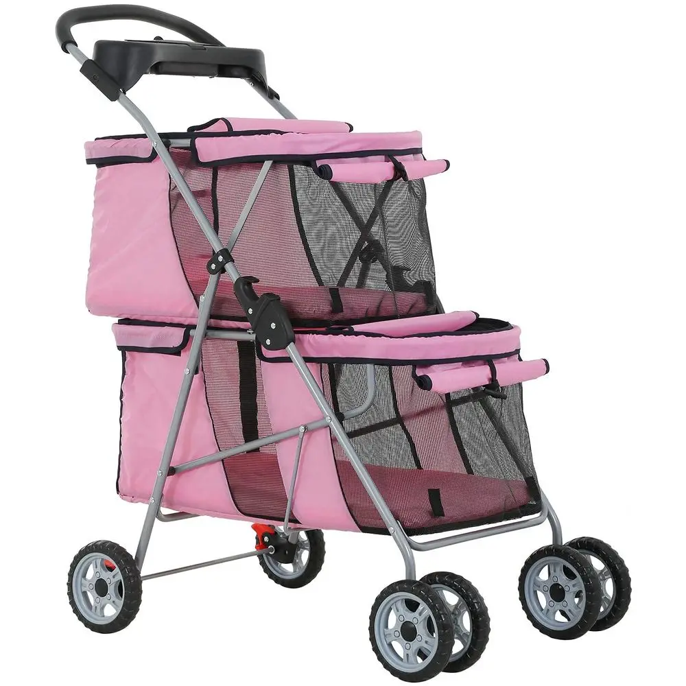 Pet Strollers for 2 Dogs and Cats, Double 4 Wheel Small Medium Pets with Safety Belts, Portable Carriage Cart Storage Basket Tra