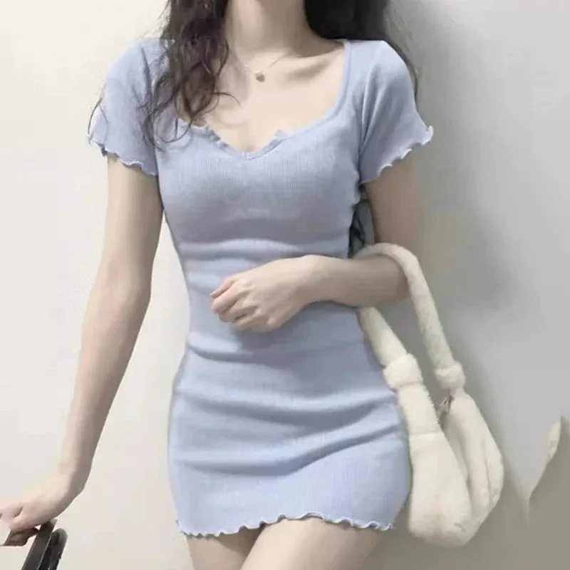 SMVP Koreanische U Neck Bodycon Gestrickte Kleid Frauen Spicy Girl Solide Schlank Wrap Hüfte Kleider Frau Kurzarm Engen Mini Kleid Weibliche