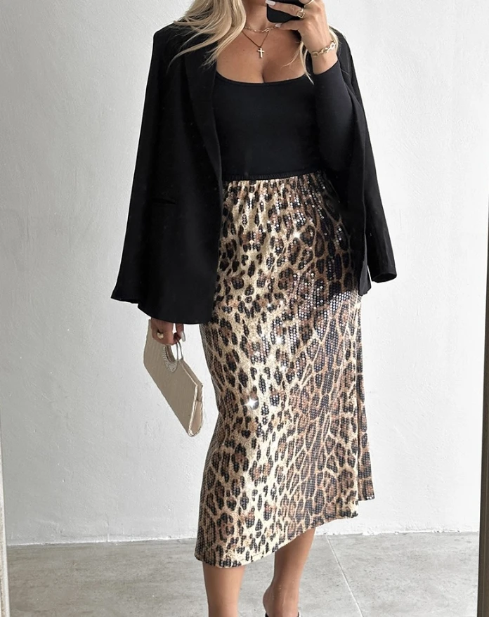 Women's Skirt 2024 Spring Fashion Leopard Pattern Allover Sequin High Waist Casual Daily Mid-Calf A-Line Skirt Y2K Clothes