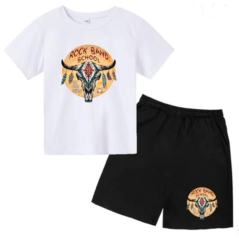 Kids Summer Clothing T-shirt Retro Ethnic Print Boys Girls Toddler 3-12Y Top+Short Sleeve 2P Sunshine Jogging Sports Casual Suit