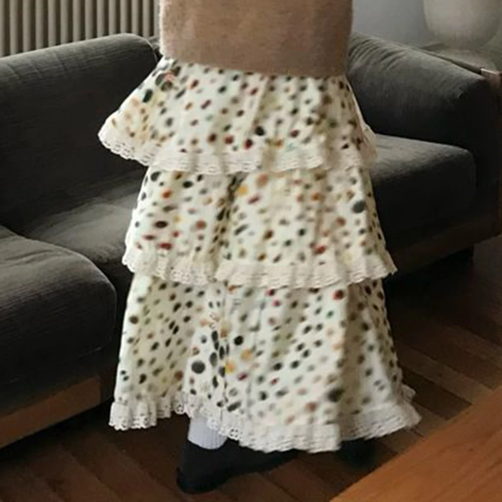 French beige polka dot cake skirt lace heavy industry medium and long versatile retro autumn and winter A elastic waist skirt