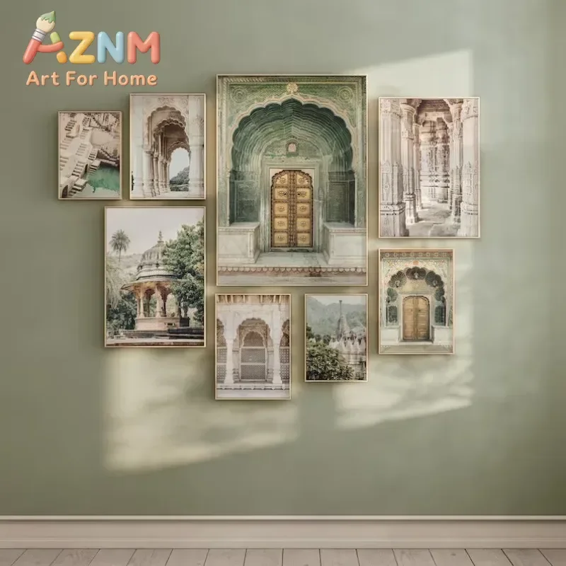 Boho Sage Green India Travel Architecture Palace Doors&Temples Photography Poster Wall Art Pictures Canvas Painting Home Decor