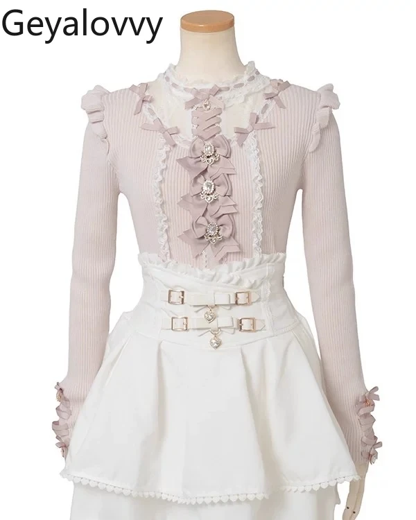 Lolita Japanese Style Versatile Long Sleeve Pullover Sweater Mass-Produced New Sweet Cute Lolita Lace Patchwork Knitted Shirt