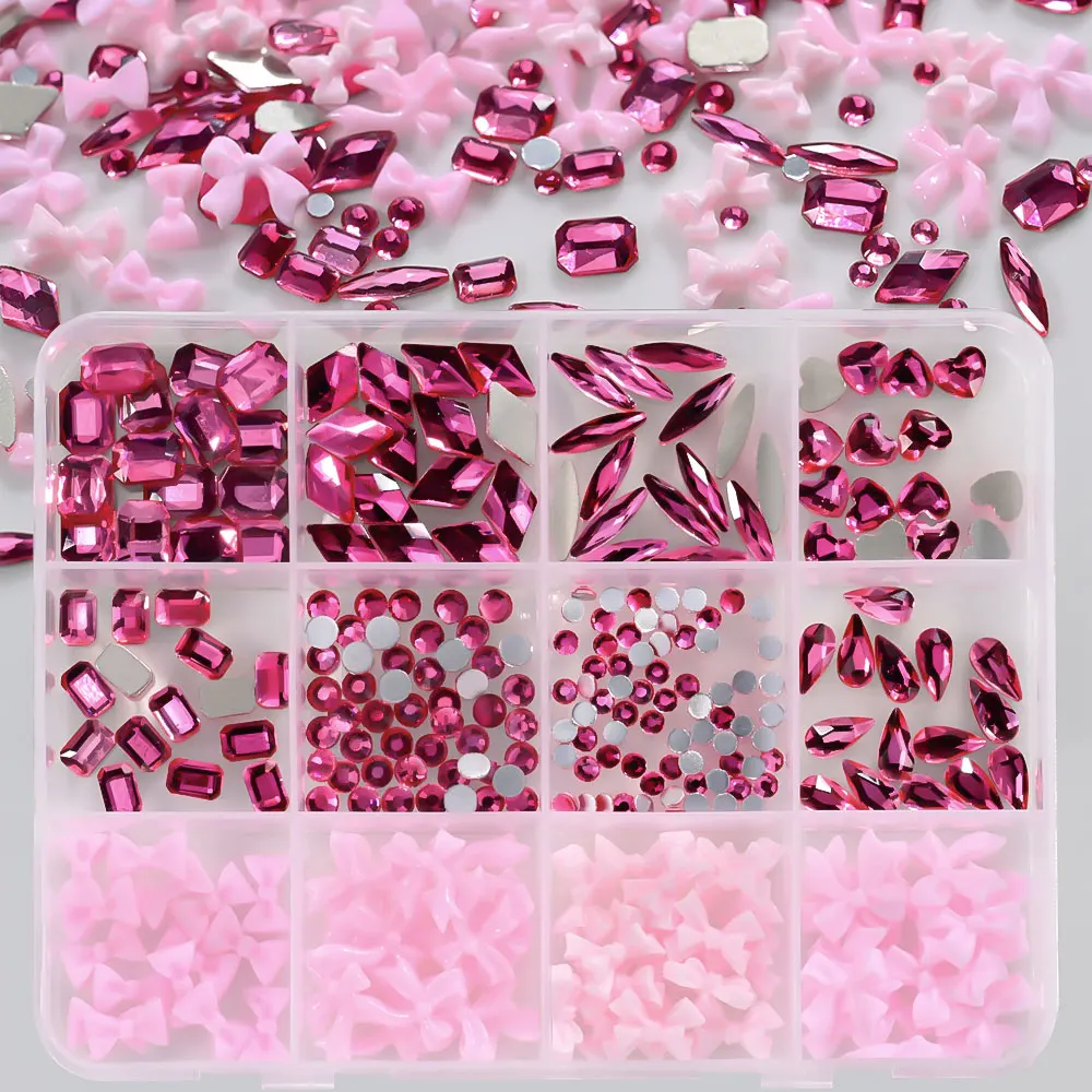 12 griglie multi-forme rosa rosa diamanti strass per unghie e resina fiocco rosa nastro ciondoli per unghie kawaii gemme posteriori piatte artigianato per unghie