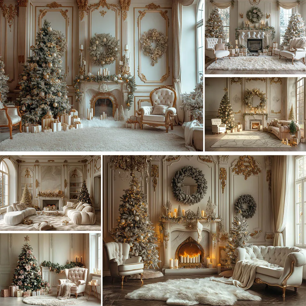 

Mocsicka Christmas Backdrop for Photography Vintage White Wall Fireplace Xmas Tree Carpet Family Portrait Photo Background Props