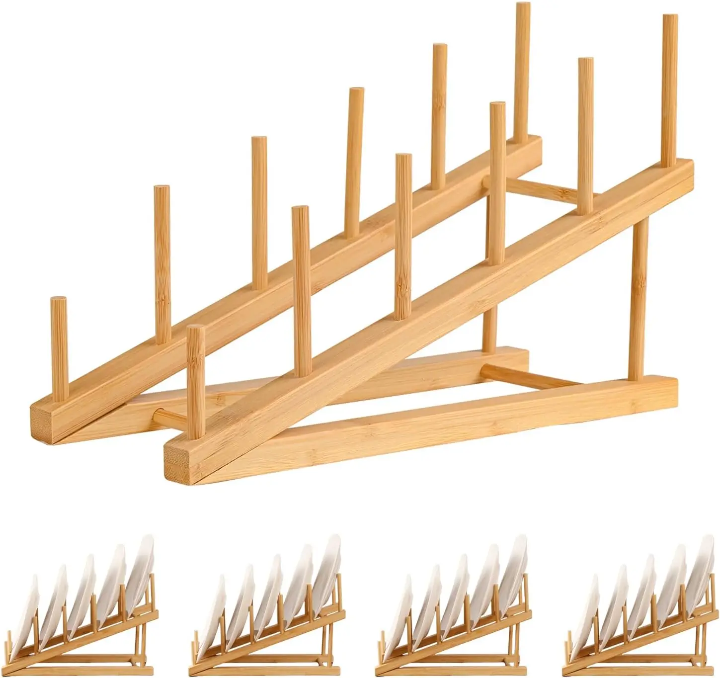 

5 Pack Plate Stands for Display, Wooden Multi Plate Holder Cabinet Organizer, 5-Tier Craft Show Counter Display Rack for