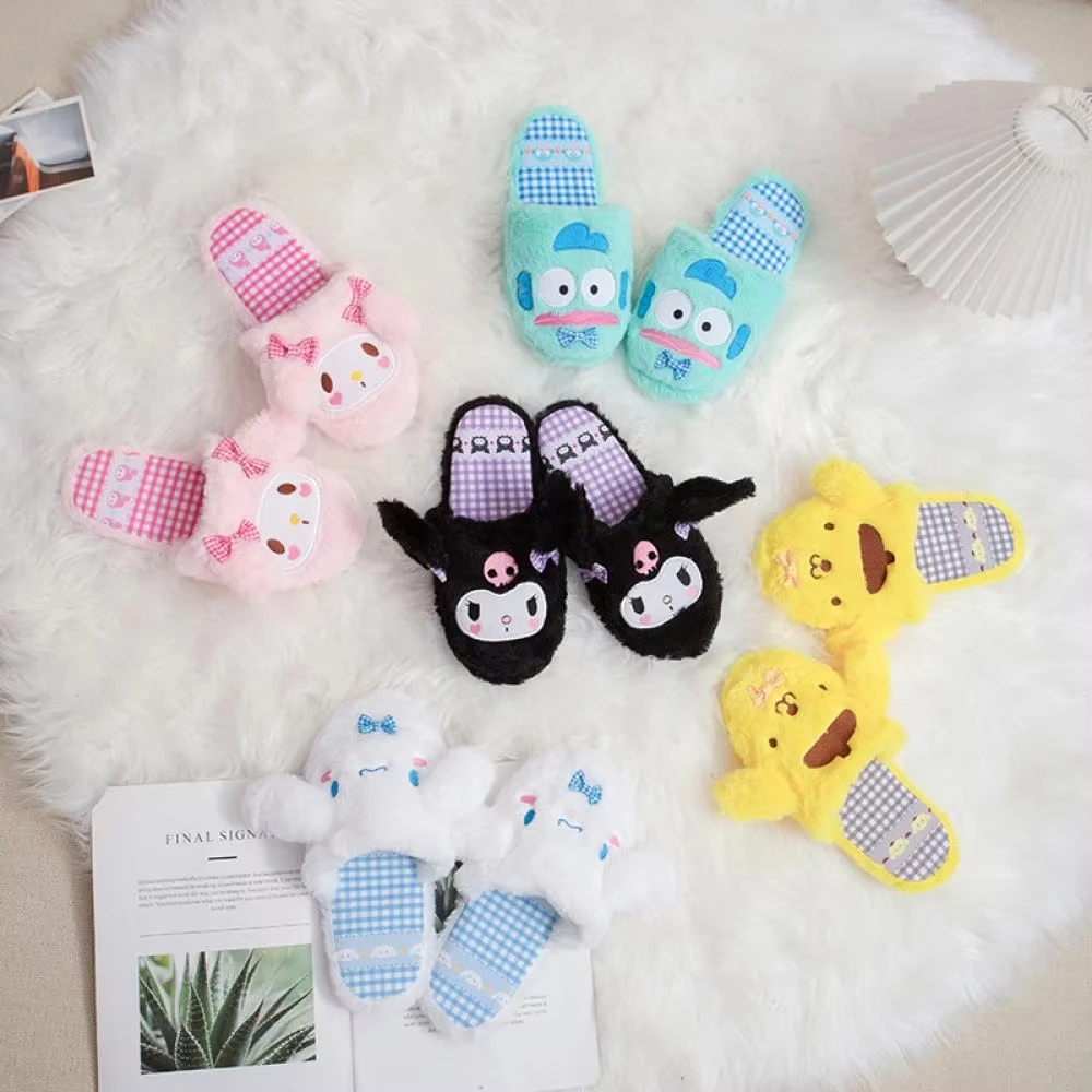 

Kuromi женские хлопковые тапочки Sanrio, милые осенне-зимние плюшевые тапочки Cinnamoroll с плоской подошвой, удобные японские домашние тапочки в подарок