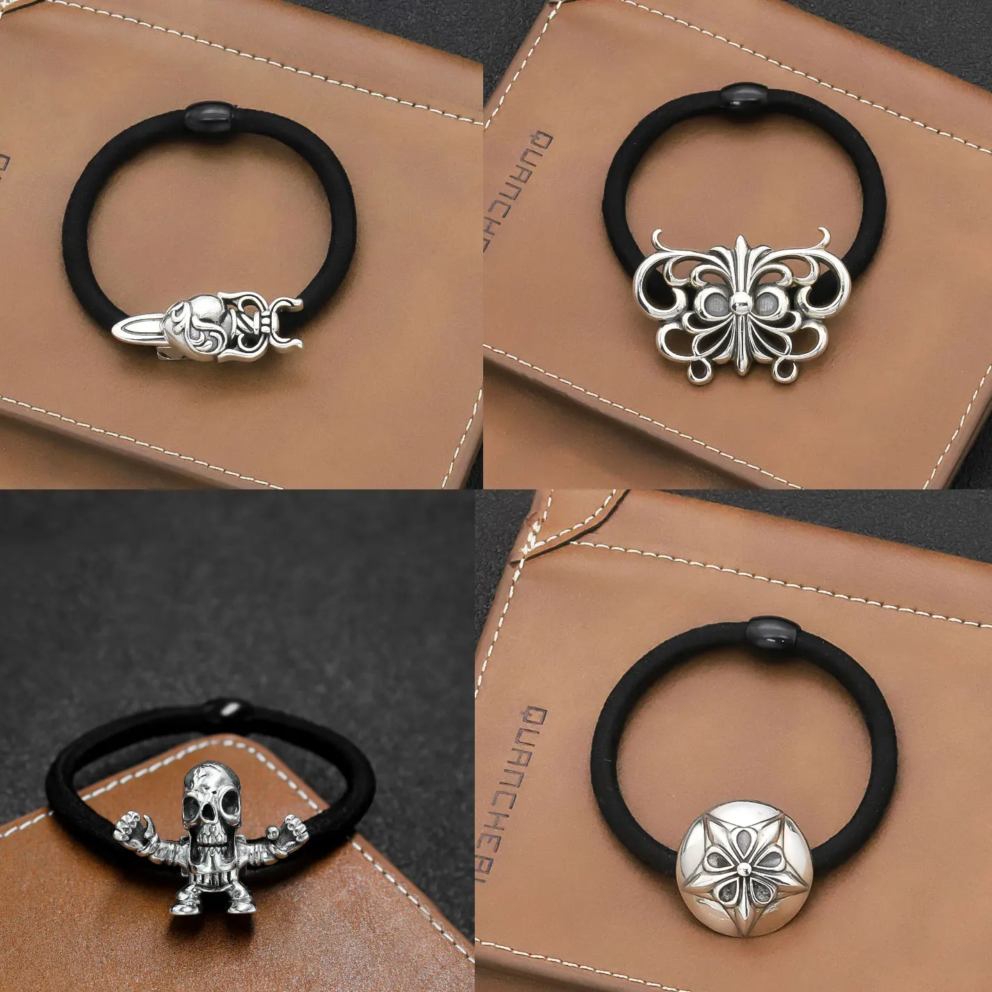 

European and American Hip Hop Girl Hair Rope S925 Pure Silver Punk Personality Skull Head Cross Thai Silver Hair Ring Rubber Ban