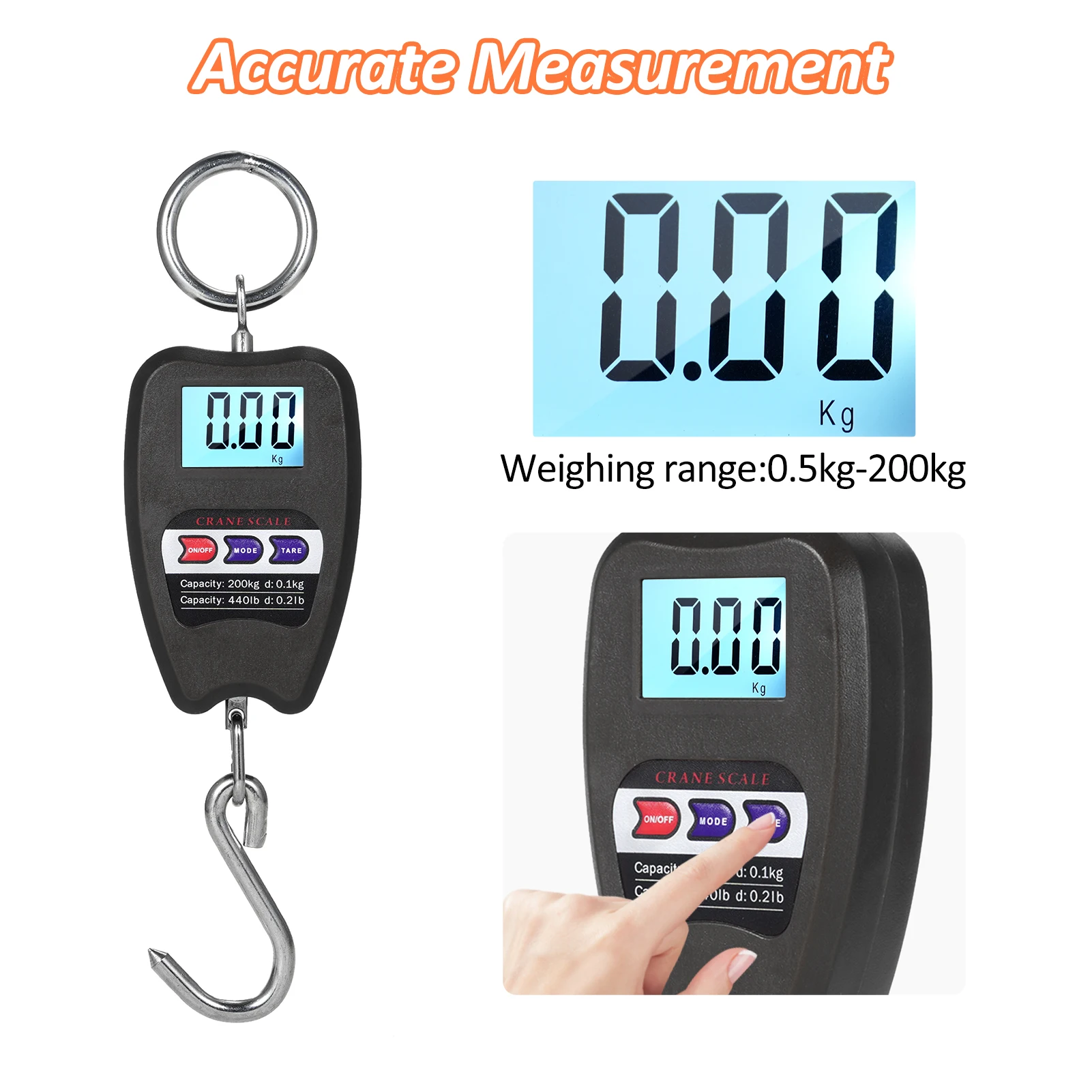 440lb Digital Hanging Scale with Accurate Sensors Handheld 200Kg Mini Crane Scale with Hooks