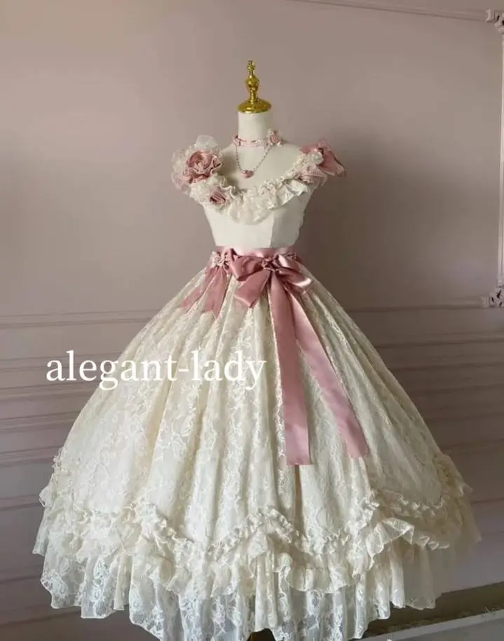 

Лолита Корсет Кружевное платье для выпускного вечера Белая пушистая кружевная аппликация Кружевная аппликация Средневековое пышное платье принцессы на заказ فستان سهره