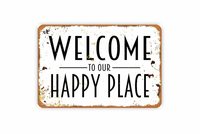 Krouterebs Antique Metal Sign Welcome to Our Happy Place Tin Sign Vintage Decoration Garage Home Garden Cafes Kitchen Wall Tin S