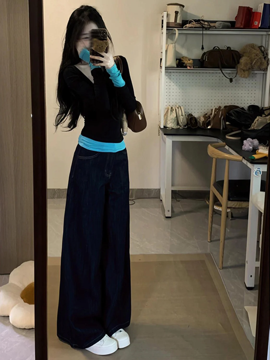 Camiseta Feminina de Outono Estilo Retrô Americano, Efeito Duas Peças, Manga Longa, Tamanho Pequeno, Cor Bloqueada, Ajuste Slim