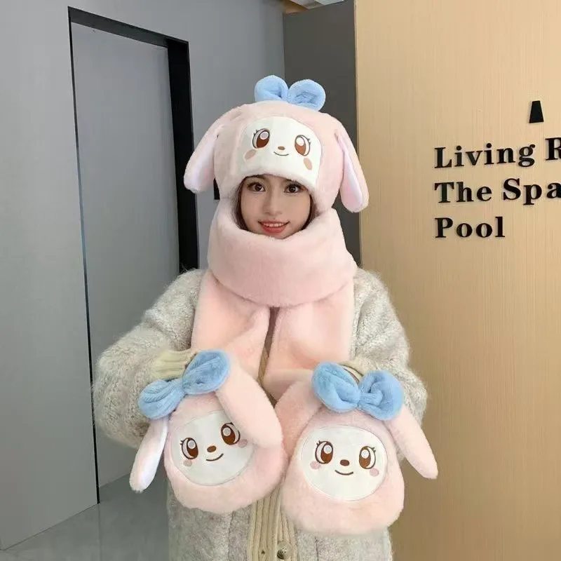 MINISO 1 قطعة جديد مضحك لطيف كورومي ثلاث قطع قبعة الكرتون الوالدين والطفل ميلودي شعبية وشاح قفازات الكل في واحد قبعة