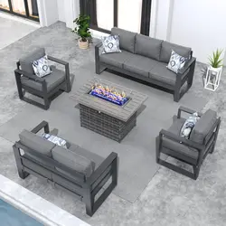 5 Piece Aluminum Patio Furniture Set with Fire Pit Table,Patio Sectional Conversation Metal Seating Sets with Olefin Cushion