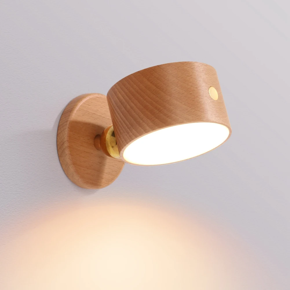 AA19 Rechargeable LED Wall Sconce Wall Mounted Bedside Lamp with USB Port 360 Rotate Magnetic Ball Cordless Light Beech Wood