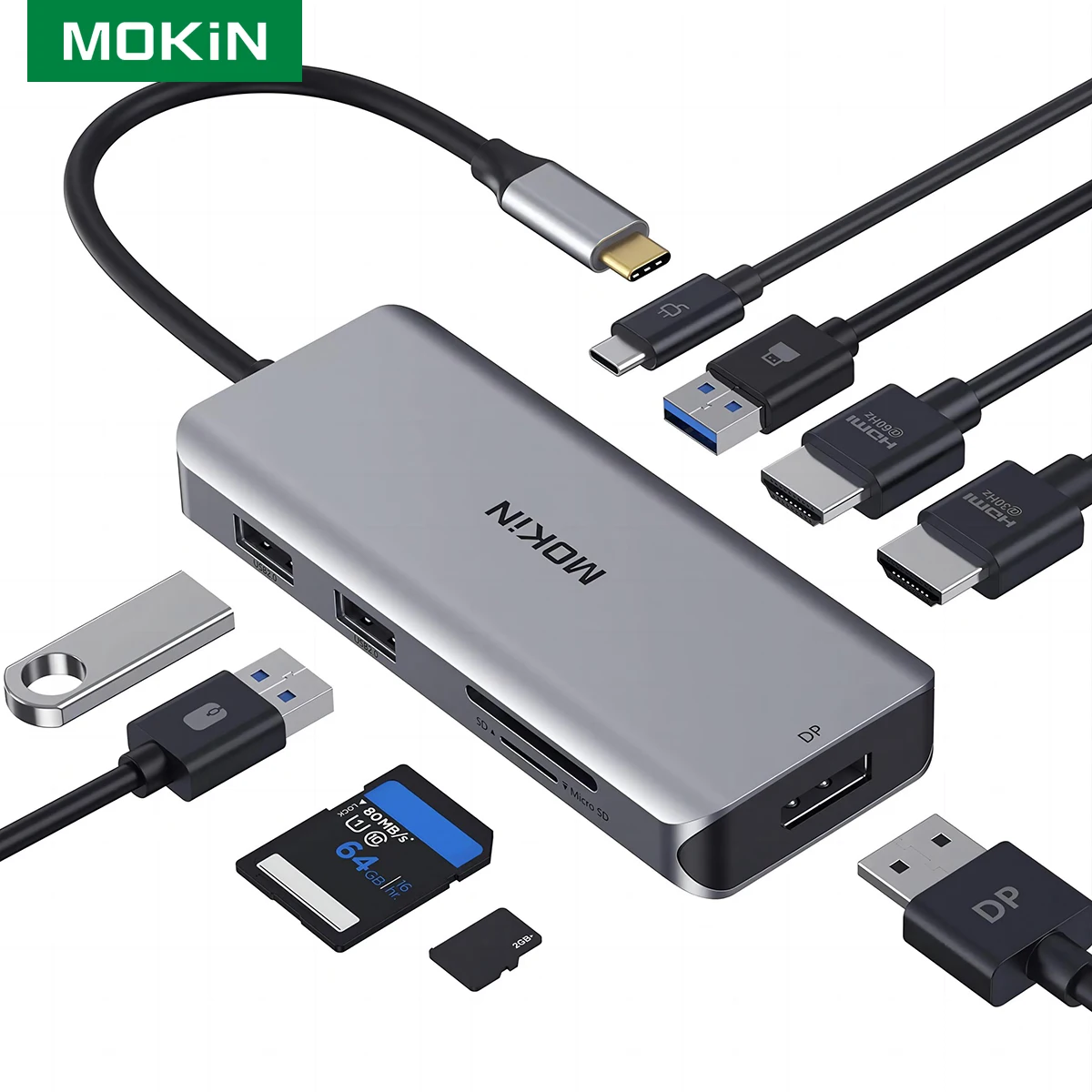 

Док-станция, адаптер USB C, мультипортный адаптер с тройным дисплеем 9 в 1 с 2 HDMI 4K, DisplayPort, 3 USB, 100W PD, SD/TF-картой