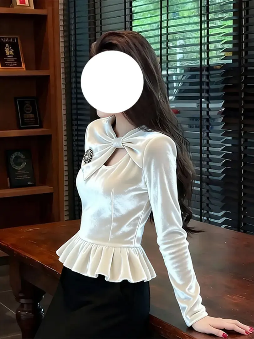 

Женский облегающий топ Ele Velvet с длинным рукавом, вырезами и узлом, скрывающий недостатки фигуры, модный, весна 2026