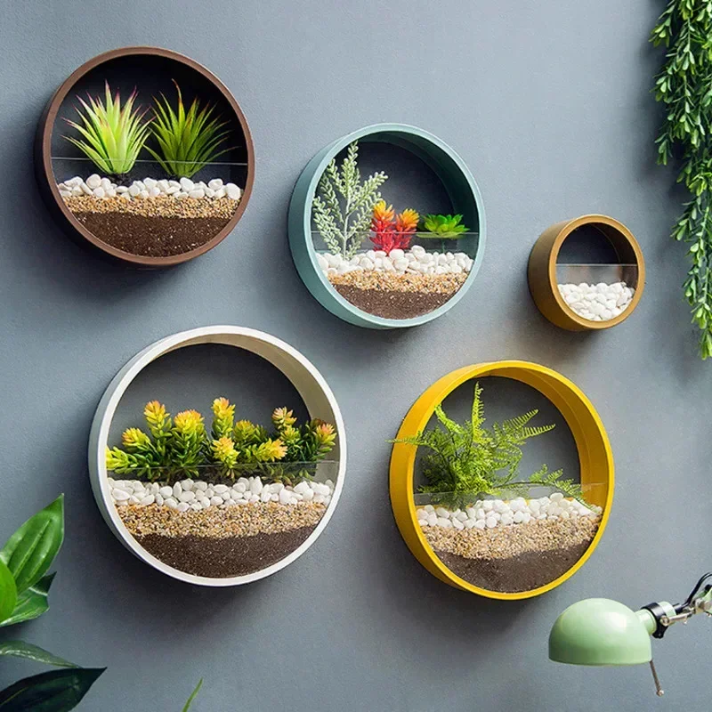 Round Iron Wall Vase Nordic Home Living Room Hanging Basket Decorative Flower Pot Wall Decor Succulent Plant Planter Glass Vases