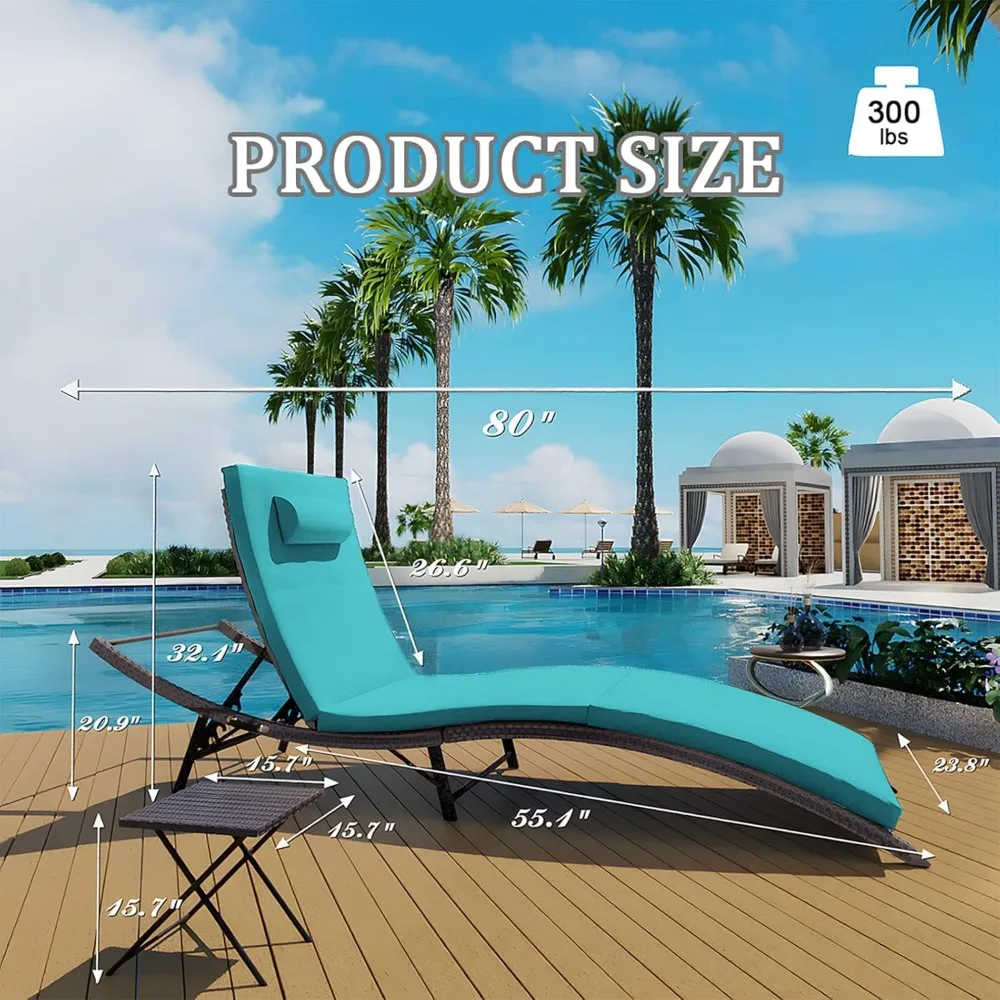 Lounge Chair for Outside,3 Pieces Chaise Lounge Outdoor Folding Pool Lounge Chairs Including Table Rattan Patio Furniture Set,