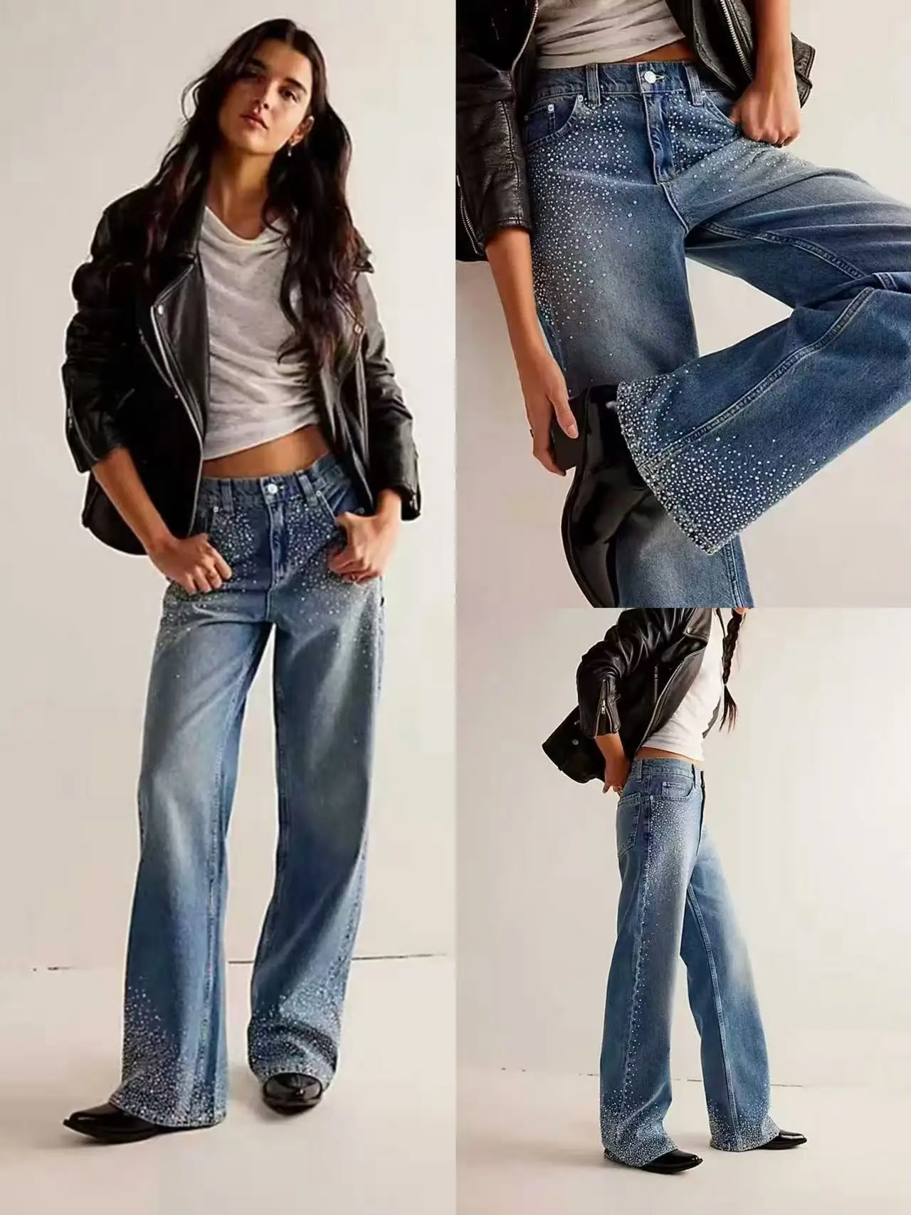 High-waisted Sequin Flared Jeans for Women, Heavy-duty Rhinestone Gradient Water Crystal Decor Elastic Blue Flared Jeans