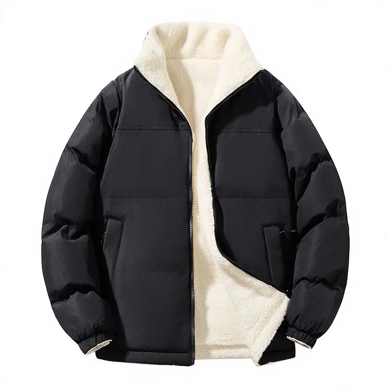 معطف شتوي جديد عصري بلون سادة وسميك من القطن الدافئ مع مخمل للرجال معطف رياضي فضفاض غير رسمي مقاوم للماء مقاس كبير