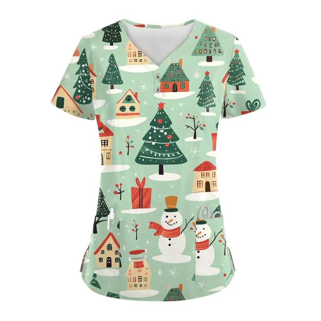 2025 Merry Christmas Work Uniform Short Sleeve V Neck Santa Claus Cartoon Pattern Top Christmas Fashion Casual