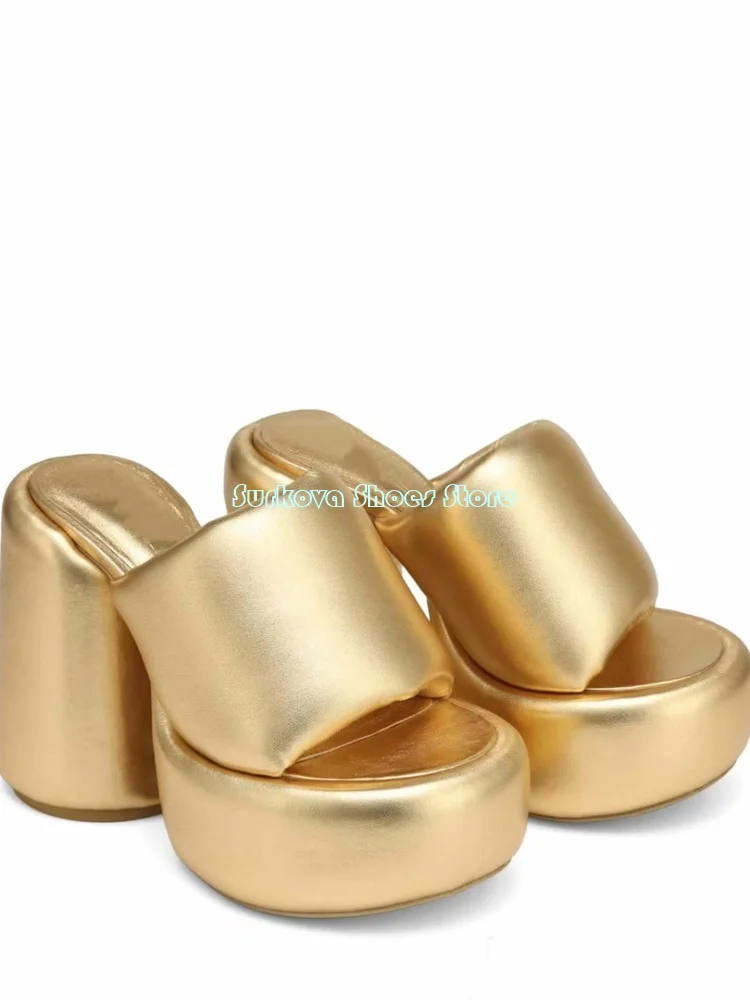 

Block Heel Gold Platform Slippers Open Toe Slip On Solid 2024 Summer Women Dress Shoes Chunky Heel Fashion European Silver Rosy