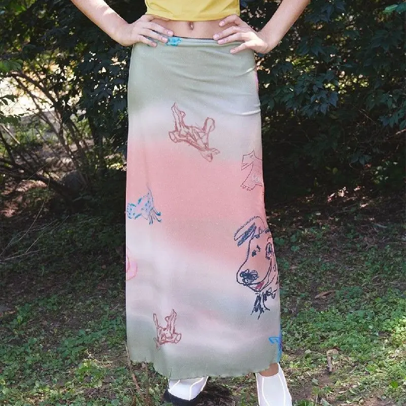 European And American Style Cartoon Print Colorful Long Skirt Korean High-Waist Straight Hip Skirts Summer Casual Gradient Dress