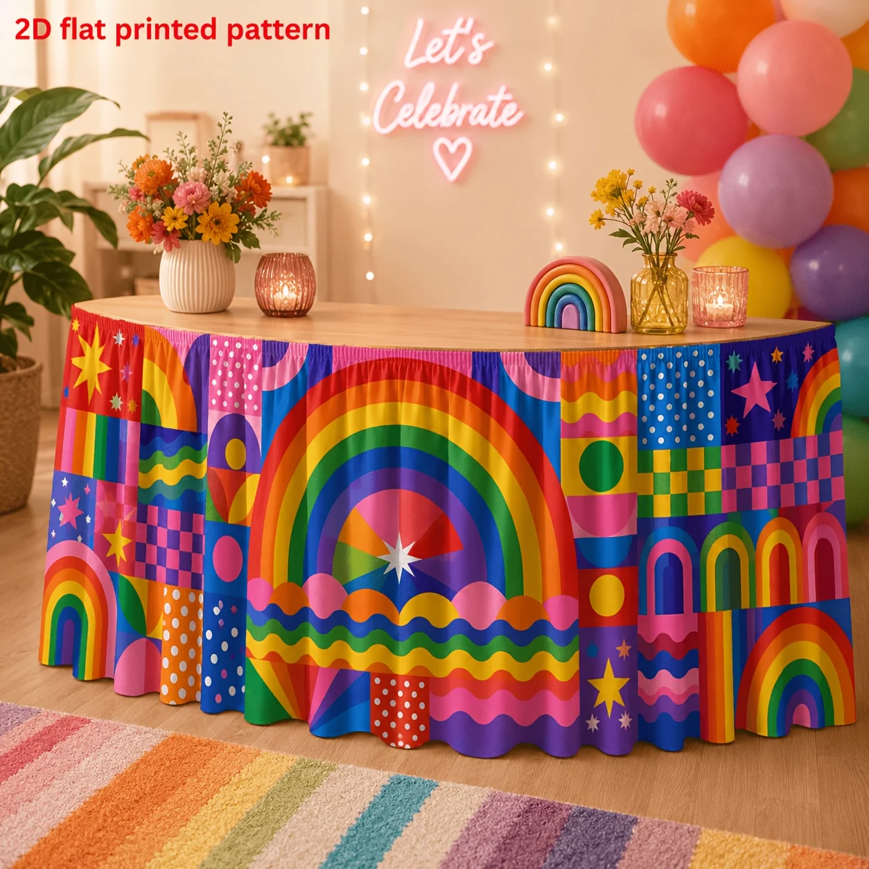Geometric rainbow patchwork printed table skirt with colorful arch-shaped star-shaped retro modern art pattern decorationxzj