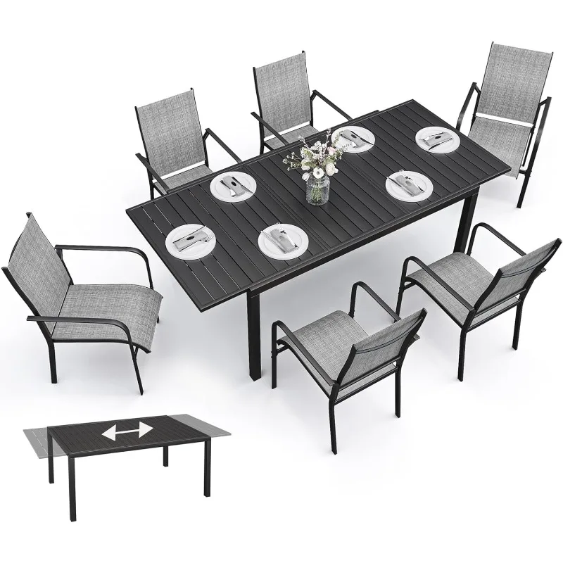 38"-84" ausziehbares Outdoor-Esstisch-Set für 4-8 Personen, rechteckiger Outdoor-Möbel, verstellbarer Tisch und 6-teiliger Textilene-Chai