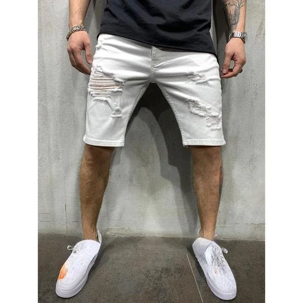 High-Streets Summer Ripped Jeans Skinny Denim Shorts for Men with Distressed Ripped Cat Whiskers Hip Hop Streetwear Short Pants