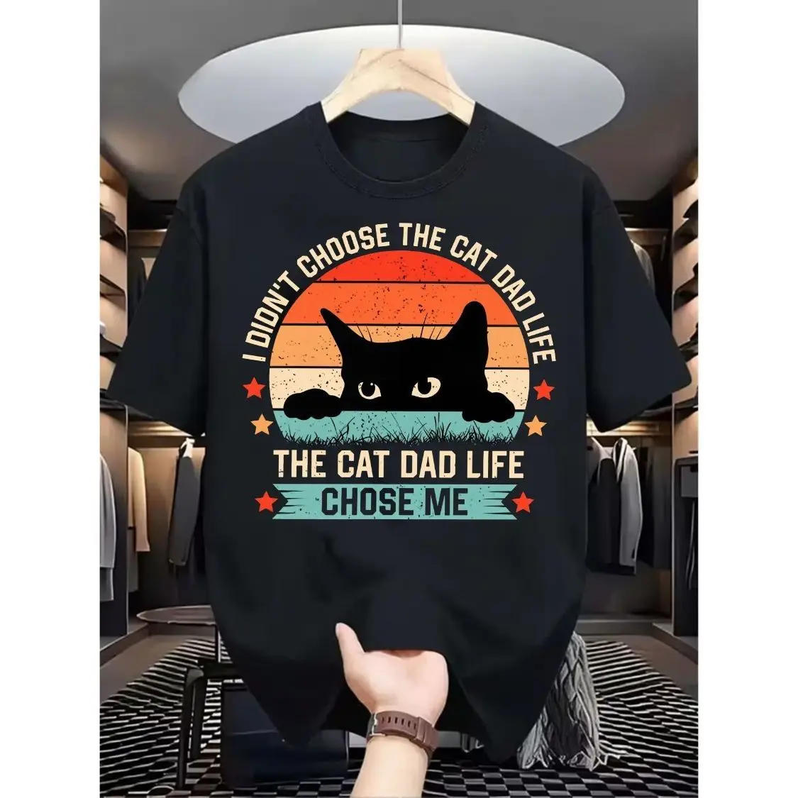 

New High Quality Vintage Sunset Gradient Black Cat Print Tees for Men and Women with Matching Loose Crewneck Short Sleeve Tops