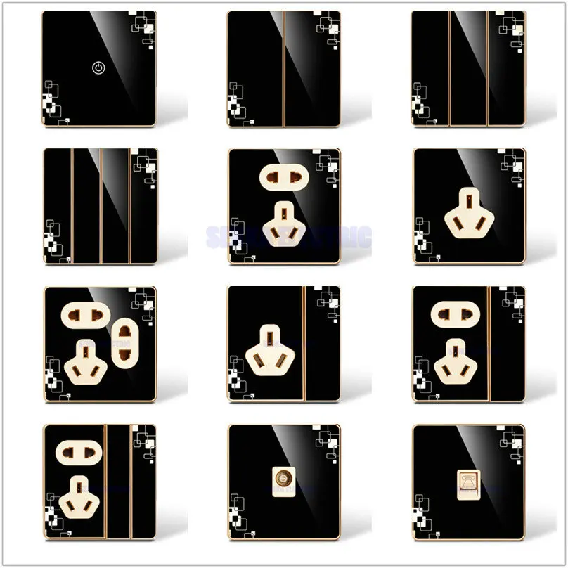 Home Hotel Luxury Acrylic Mirror Surface Wall Switches Sockets Black Color Panel Socket Light Switch