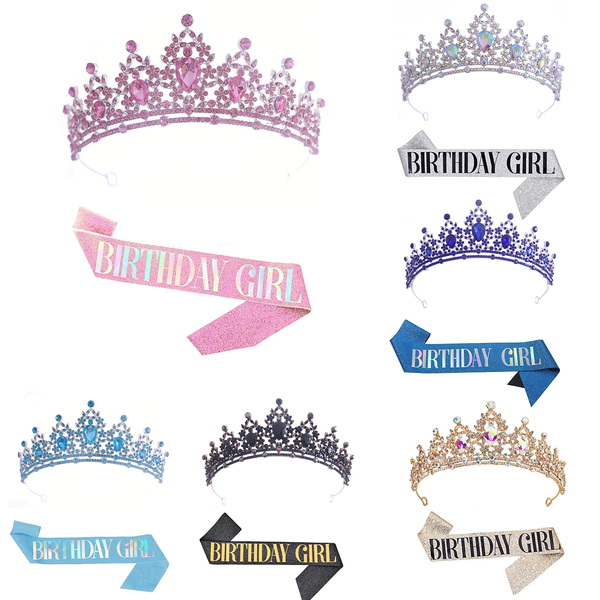 2Pcs Fashion Crystal Rhinestone Tiaras And Crowns With BIRTHDAY GIRL Shoulder Strap Sets Party Pageant Hair Accessories