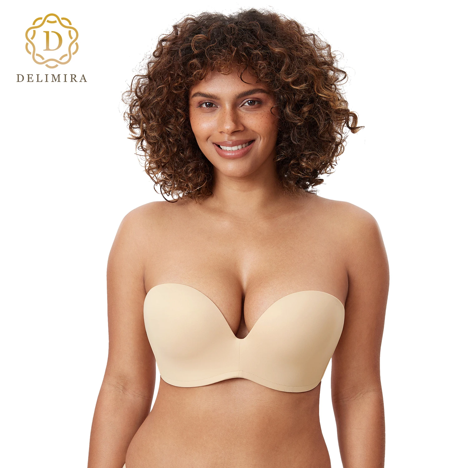 

DELIMIRA Women's Push Up Strapless Bra for Big Busted Seamless Plunge Slightly Lined Support Lift Plus Size Invisible D DD E F