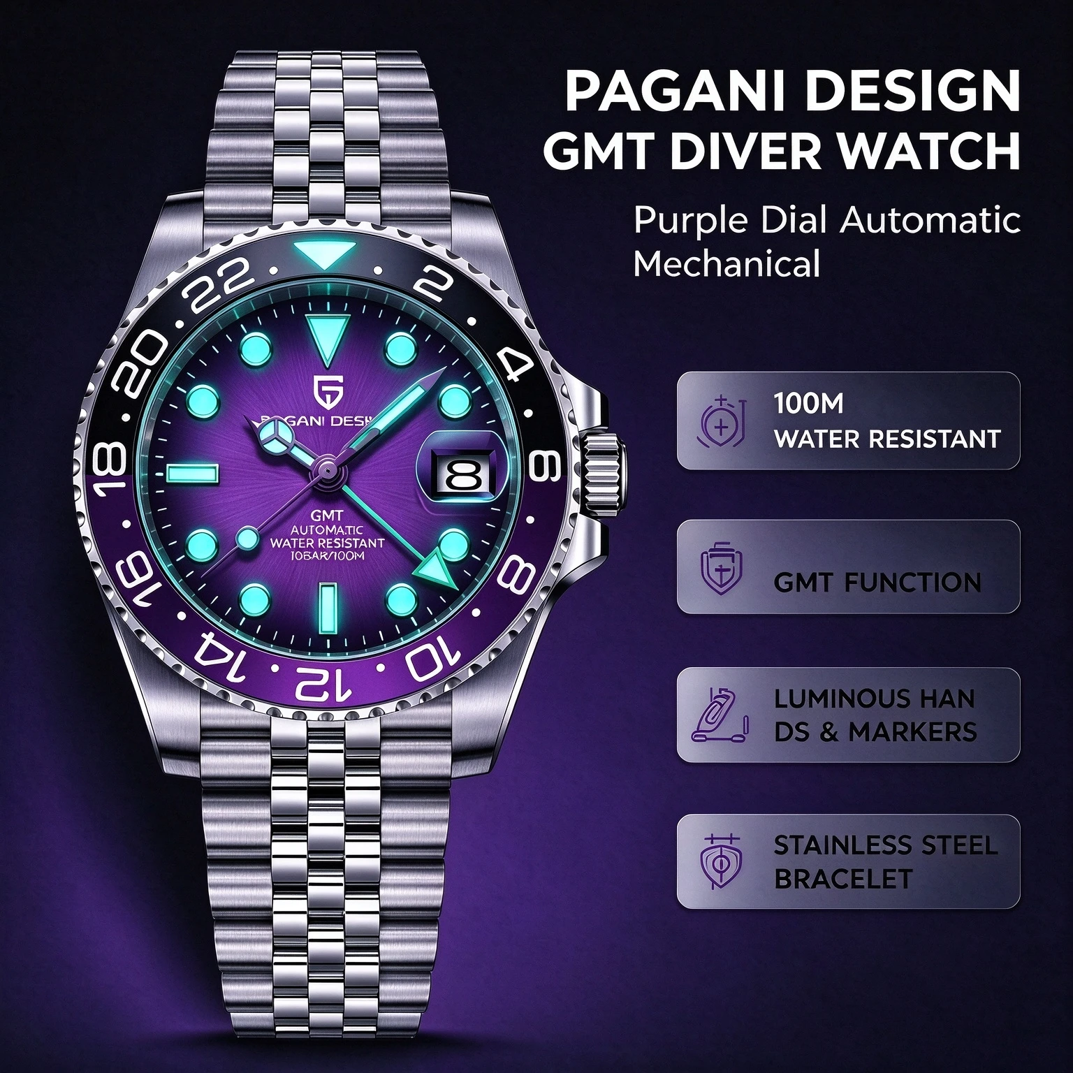 PAGANI DESIGN 40MM Men Automatic GMT Watch Purple Sunburst Dial 100M Waterproof Luminous Rotating Bezel Jubilee Steel Bracelet Sport Diving Wristwatches