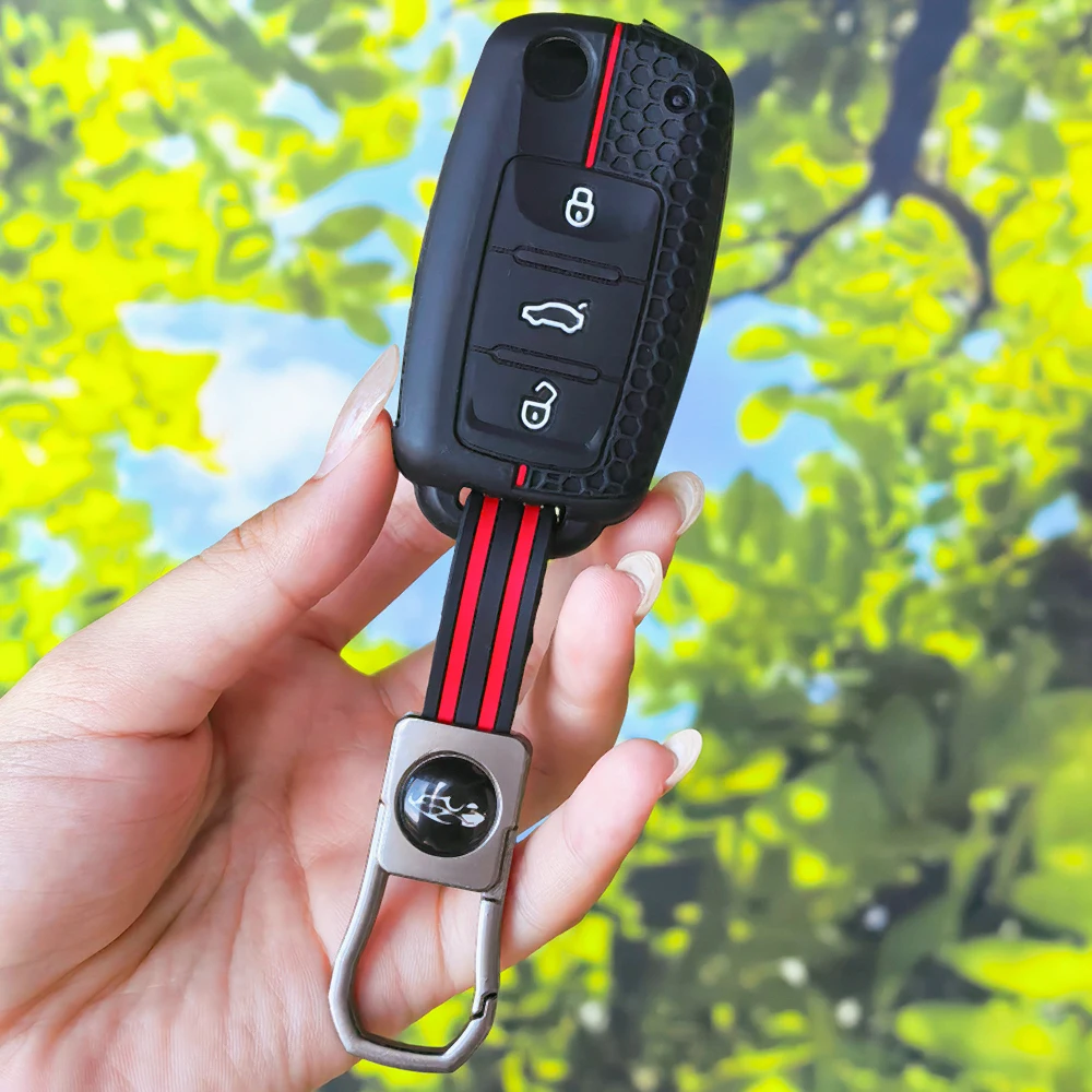 Honeycomb Stripe Flip Key Holder with Keychain, Silicone Protector for VW UP Polo Golf 6 Passat B5 Caravelle Jetta Skoda Fabia