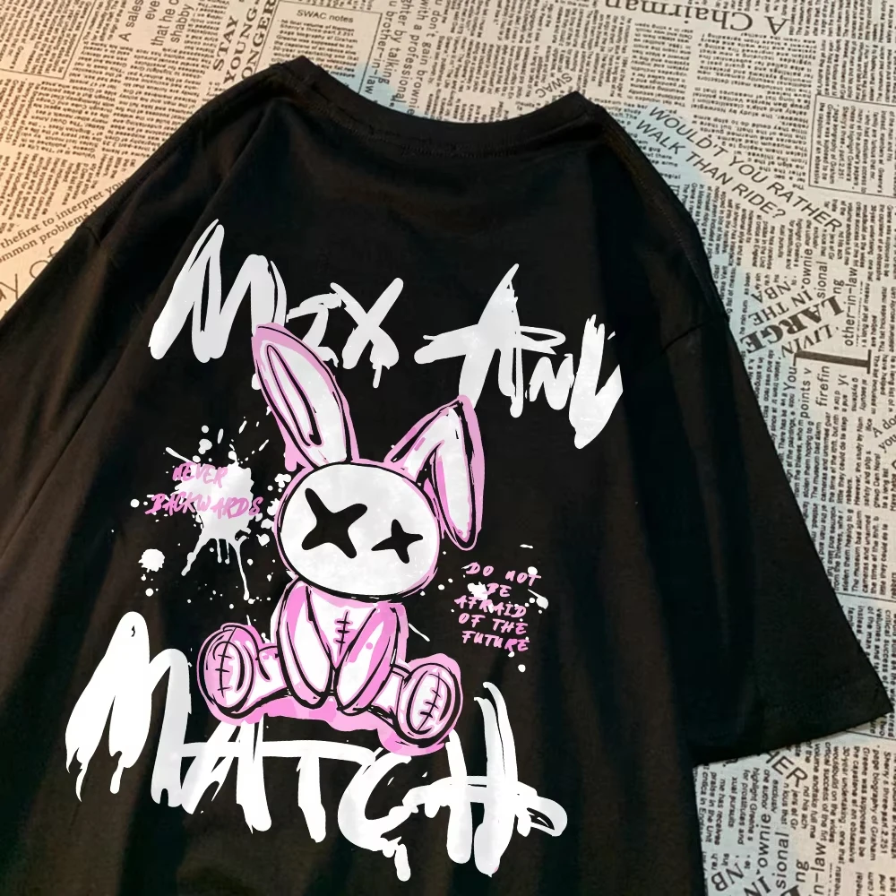 

2025 Summer New Pink Rag Doll Rabbit Print T-shirt Men's Loose Oversized Clothing Hip-hop Casual Short-sleeved Cotton T-shirt