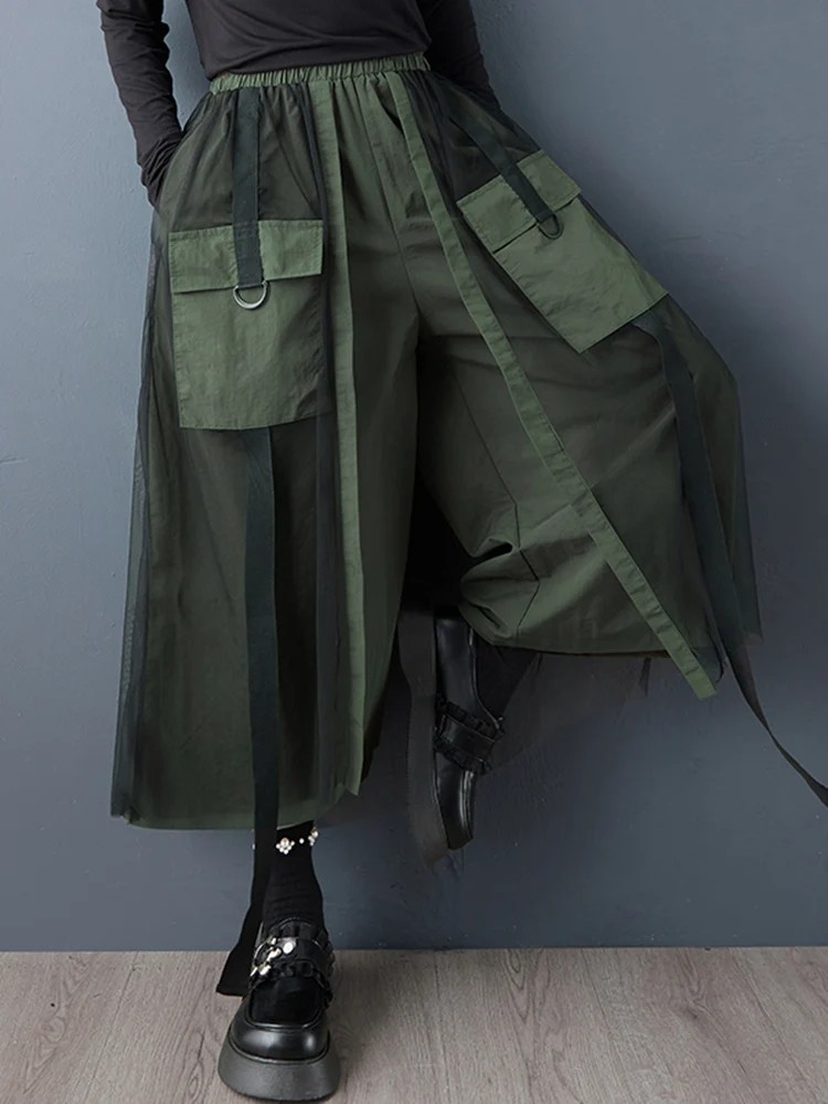 خليط شبكة خضراء خمر عالية الخصر بنطال ذو قصة أرجل واسعة المرأة الجديدة ربيع الخريف بناطيل فضفاضة غير رسمية موضة الشارع الشهير 2025