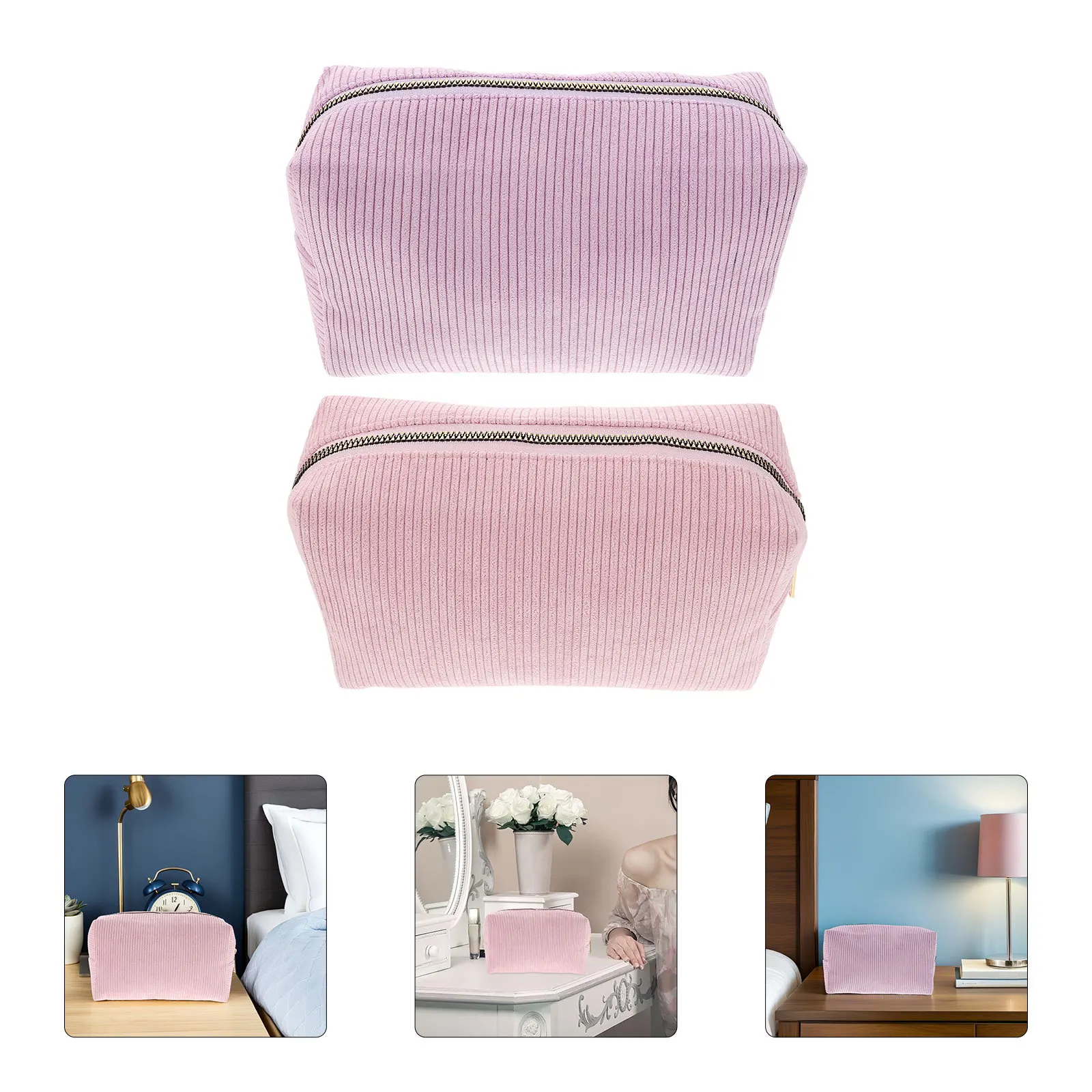 

2Pcs Travel Makeup Bag Portable Corduroy Organizer Lightweight Handheld Toiletry Pouch Zipper Storage Case for Women