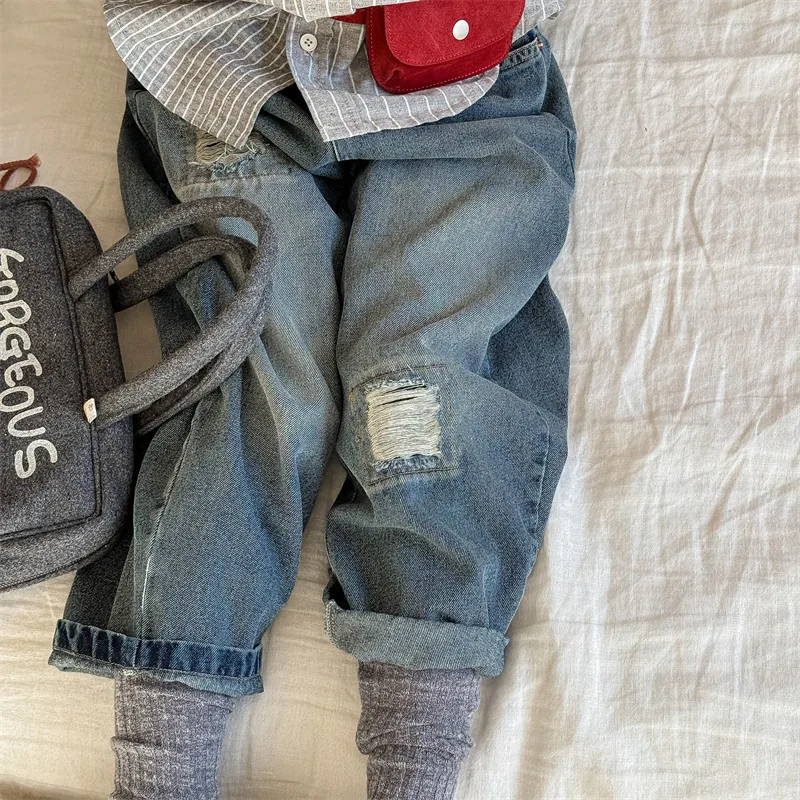 Boys Loose Casual Harem Pants Fashion Baby Girls Ripped Jeans Kids Clothes 2025 Autumn New Children Versatile Denim Trousers