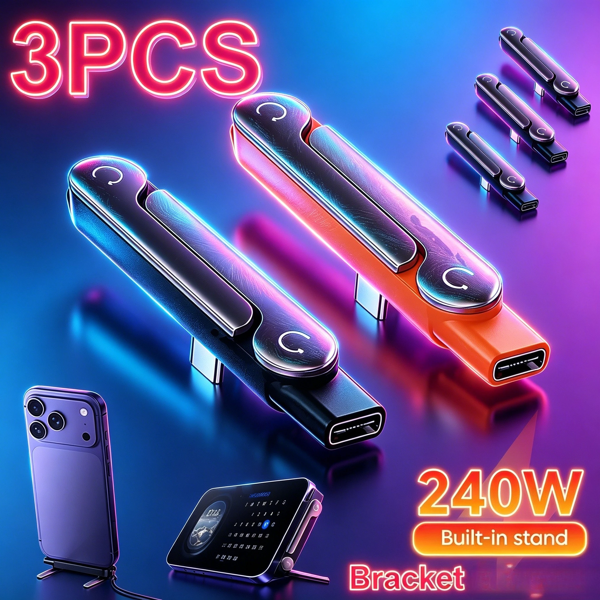 

3PCS Type-C Phone Charging Adapter 240W Fast Charge OTG Male to Female USB-C Converter with Foldable Holder