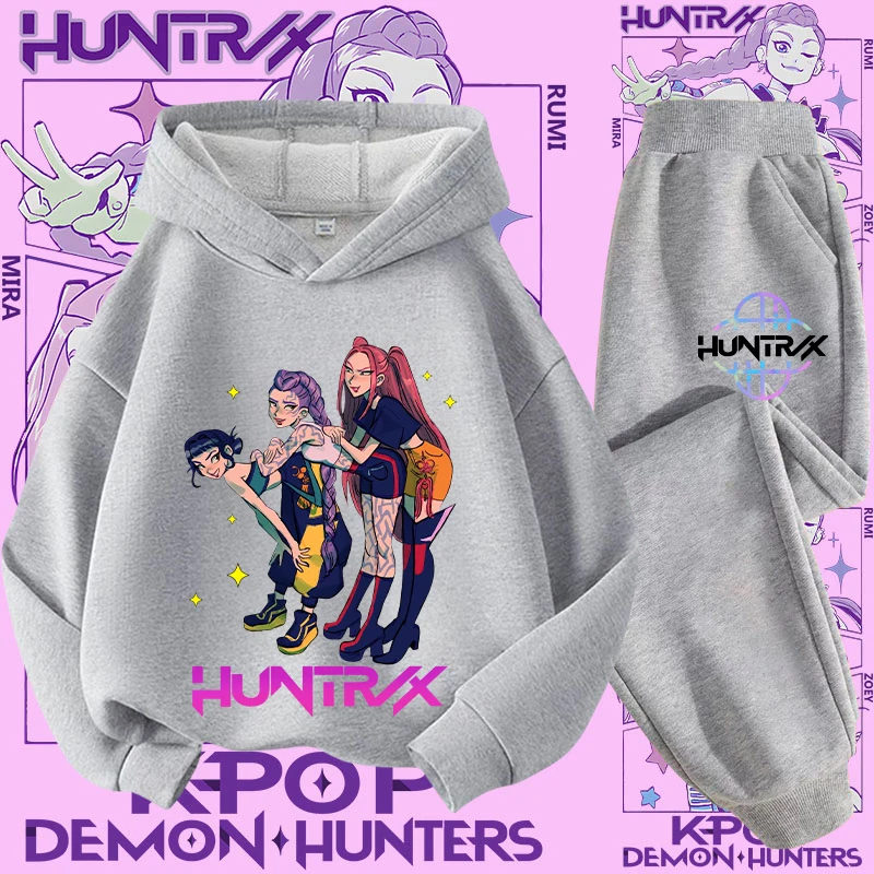طقم ملابس رياضية للفتيات من K-pop Demon Hunter مكون من قطعتين - تصميم جديد - قميص كاجوال لطيف للأطفال - طقم بقلنسوة مع طباعة كرتونية