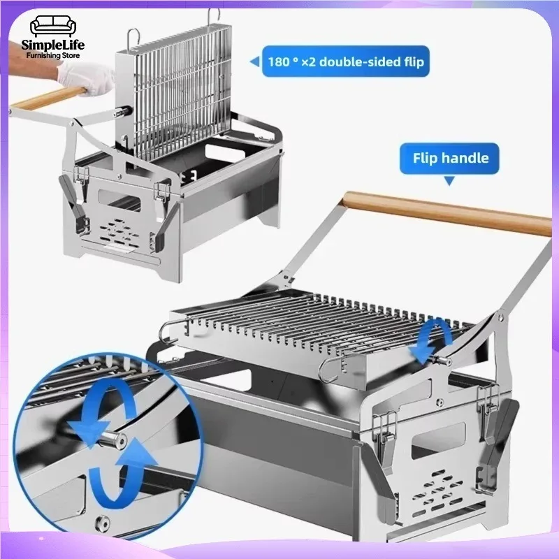 Rotating BBQ Grill Portable Stainless Steel Outdoor Grill for Garden Camping Flip Function Easy Clean 180 Degree Turn