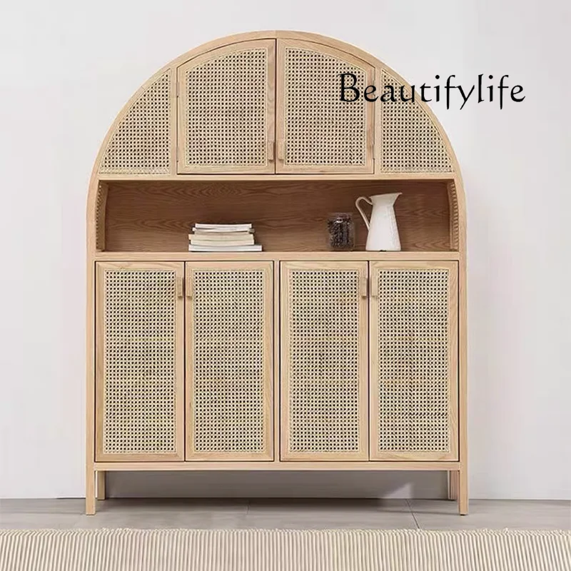 Nordic Log Style Solid Wood Sideboard Home Doorway Rattan Jumping Hallway Shoe Cabinet