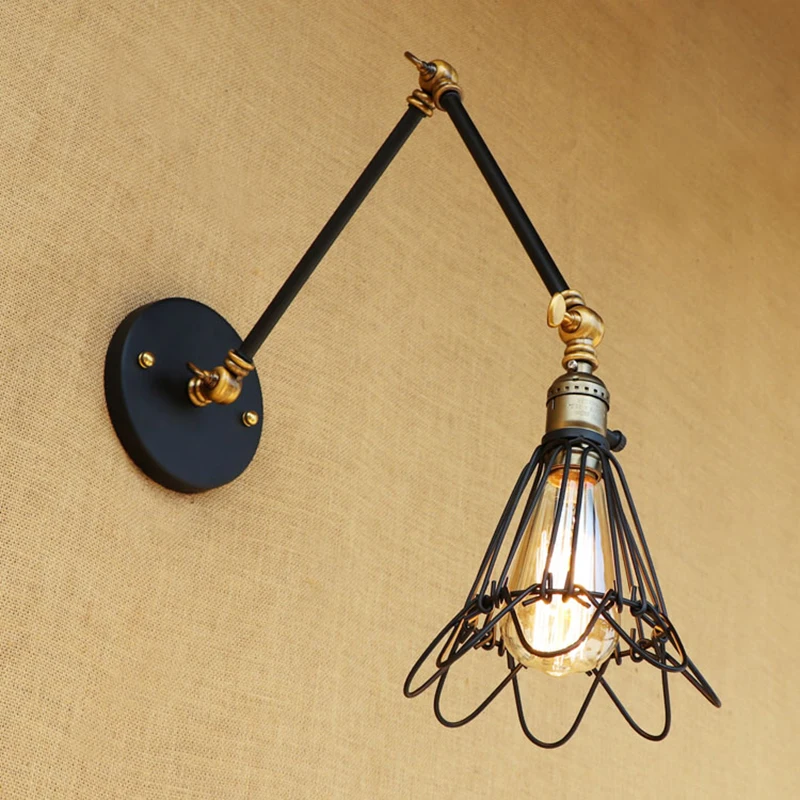 

Retro Industrial wall lamp iron wire lampshade free adjust long swing arm for living room bedroom restaurant bar