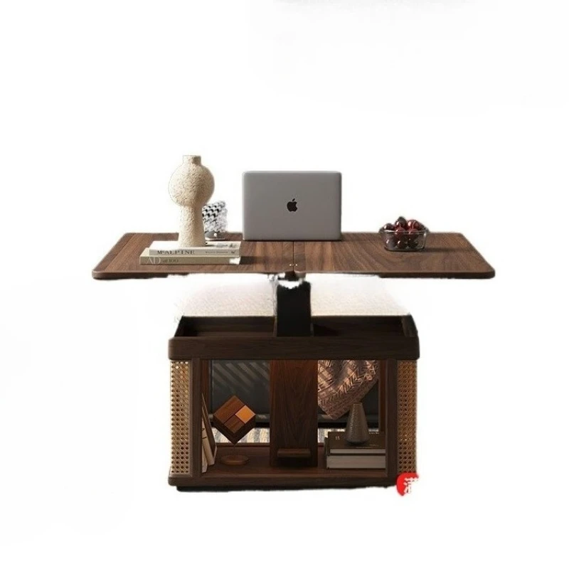 

Solid wood coffee table removable black walnut lifting dining table living room rotating folding trolley